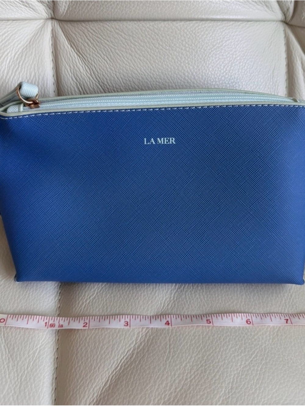 LA MER Blue/Light Green Faux Leather Zipper Makeup Bag Cosmetic Pouch 7.5"